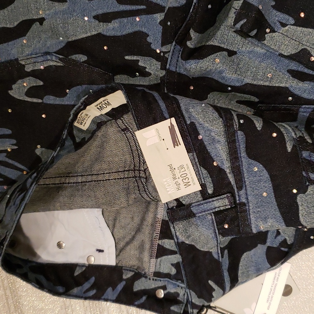 Topshop NEW Moto Mom Jeans High Waisted Jewel Studs Camo Diamante Denim Women's - Picture 17 of 17